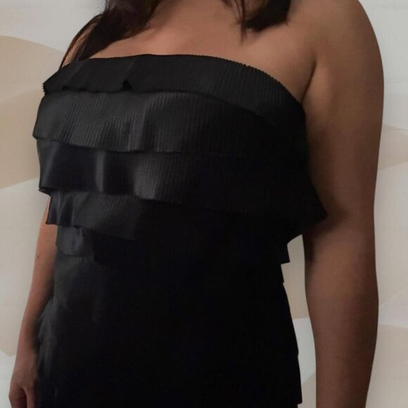 Black shiny silky layered ruffle strapless whimsigoth grunge demonia mini dress - Picture 2 of 7